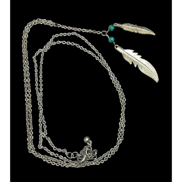 Bohemian Hippie Feather Charm Necklace Silver Tone With Faux Turquoise Accents - Picture 1 of 6